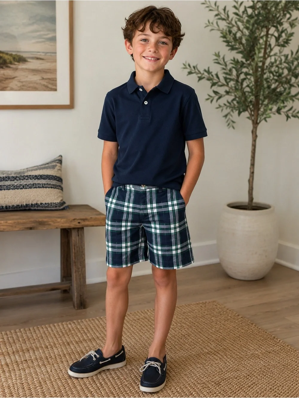 Janie and Jack Navy and Green Plaid Boys' Shorts - Size 5